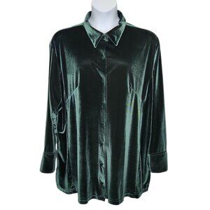 Stephanie Andrews Velvet Button Down Shirt Womens XXL 2XL Green Top Holiday N10X